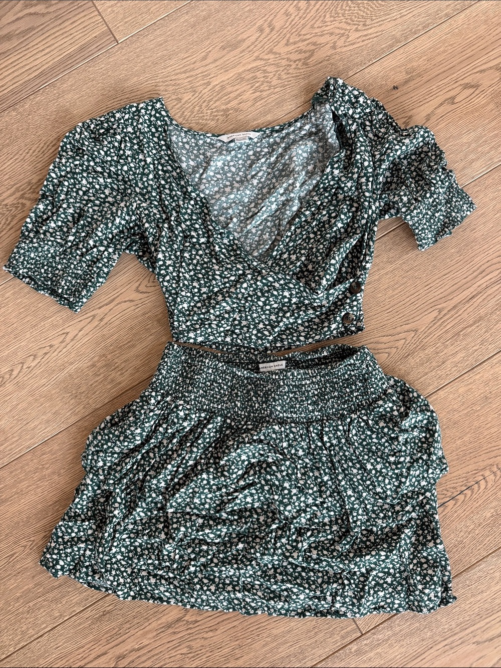 American Eagle Smocked Waist Green Floral Two-Piece Dress Set size XS